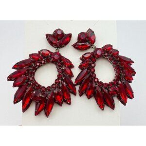 Vibrant Red Rhinestone Drop Earrings Silver Tone Floral Christmas Festive Bold